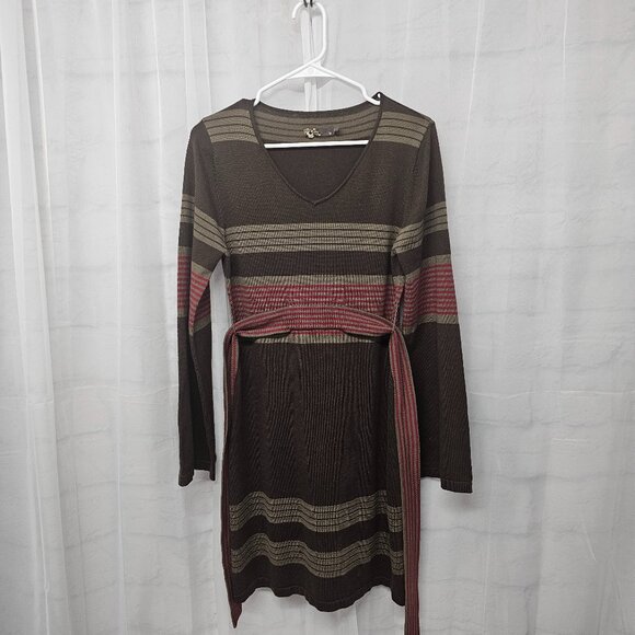 Prana Brown Red Striped Knit Dress Belted Boho Festival Hippie M - Picture 10 of 13